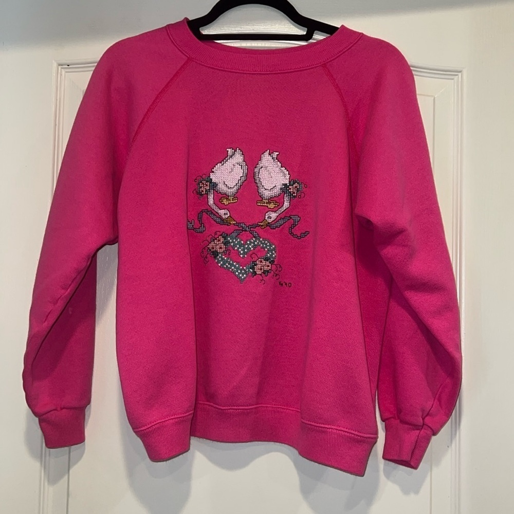 Vintage Pink Sweatshirt with Cross Stitch Love Swans Graphic